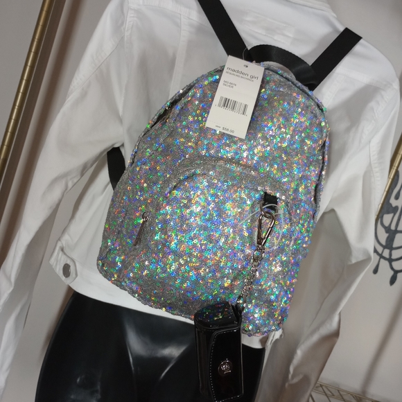 Madden Girl Multifaceted Sequin Backpack with Black Patent Leather key Chain - Picture 16 of 17